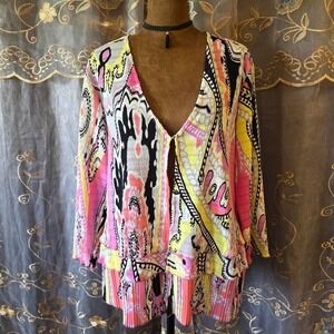 Sharon Young Pink Yellow Paisley Plisse Pleated Tiered Cardigan Top Large